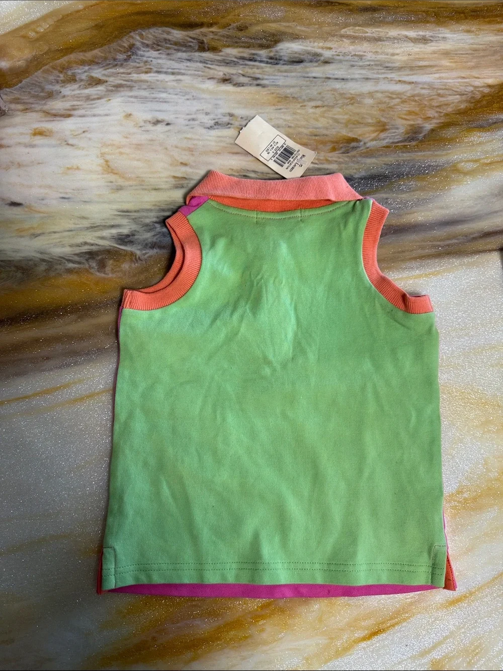 Ralph Lauren Pink Color Block Sleeveless Polo Tank with Coral Trim & Green back